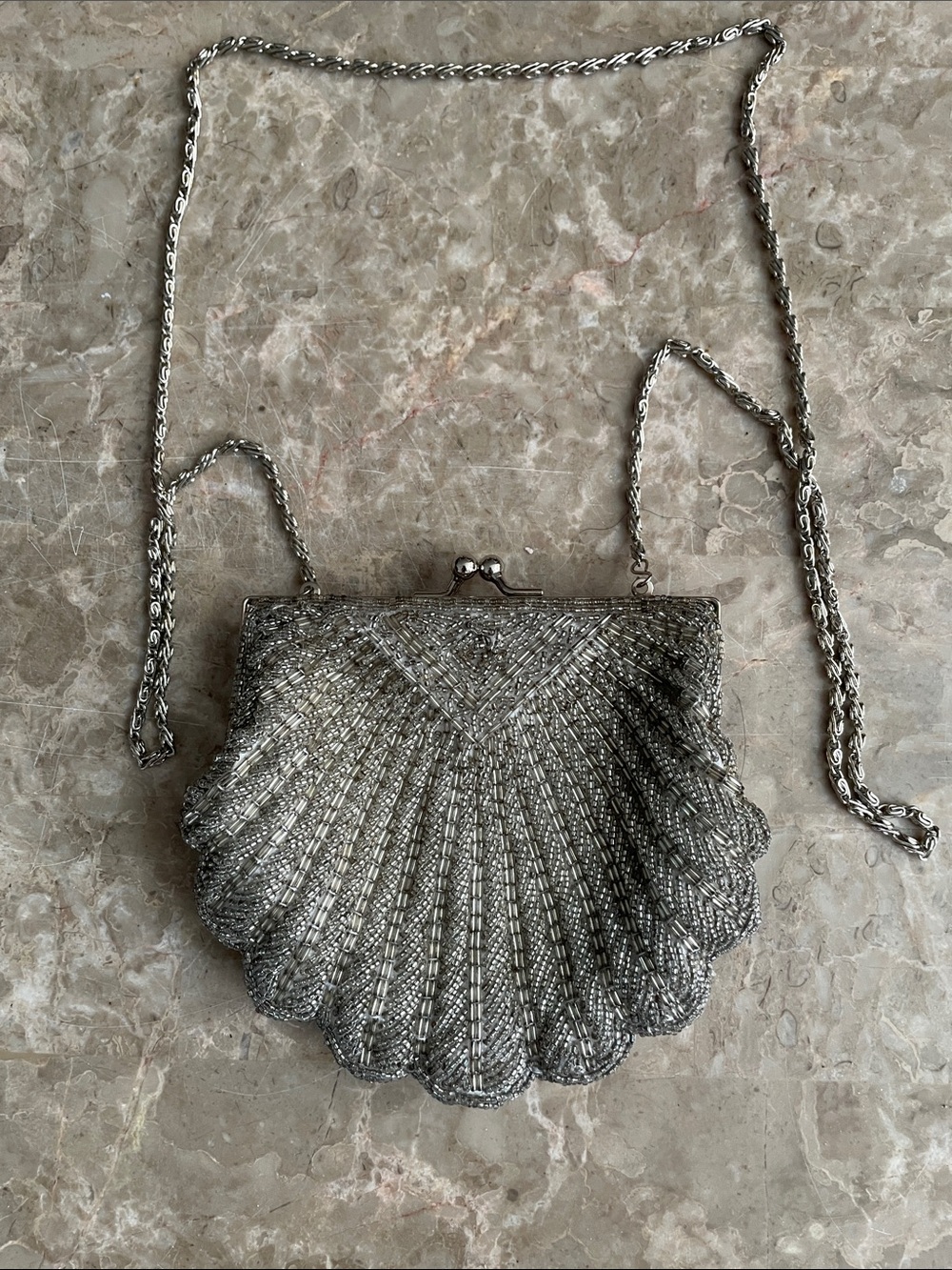La Regale Silver Beaded Shell Clutch with Chain Strap